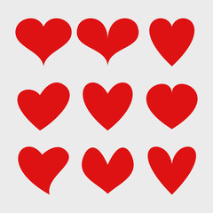 Vector set of red isolated hearts icons. Valentine's day design elements
