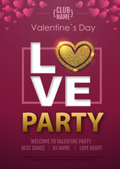 Happy Valentines Day disco party typography poster with love heart