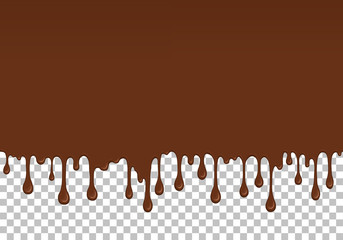Brown dripping slime seamless pattern. Chocolate background with copy space. Realistic sweet cream isolated element. Flowing melted milk chocolate. Popular kids sensory game vector illustration.