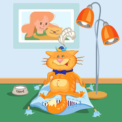 A cat sitting on a pillow, painted imitation