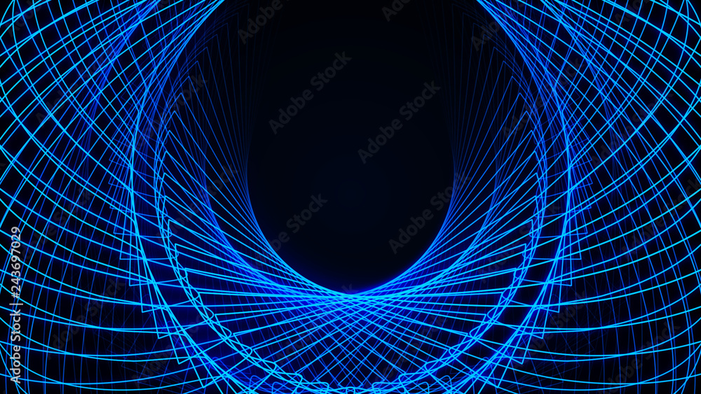 Poster effect of depth of round virtual tunnel. bid data stream visualization. technology banner for busine