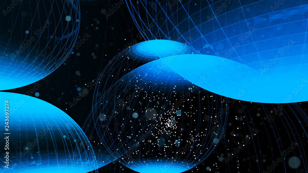 Poster flying panoramic spheres in outer space. abstract background with 3d dynamic spheres. graphic concep