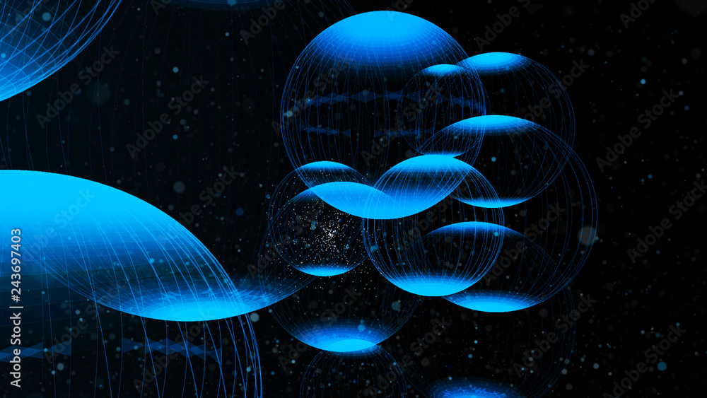 Poster flying panoramic spheres in outer space. abstract background with 3d dynamic spheres. graphic concep