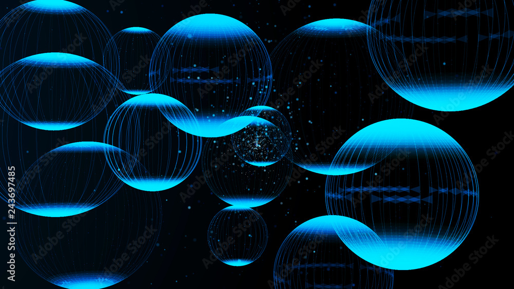Poster flying panoramic spheres in outer space. abstract background with 3d dynamic spheres. graphic concep