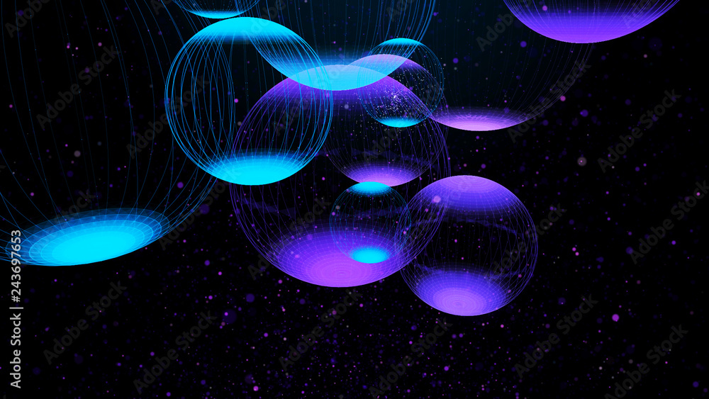 Poster flying panoramic spheres in outer space. abstract background with 3d dynamic spheres. graphic concep
