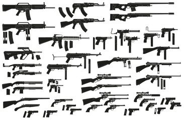 Fototapeta Graphic black detailed silhouette pistols, guns, rifles, submachines, revolvers and shotguns. Isolated on white background. Vector weapon and firearm icons set. Vol. 2 obraz