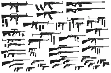 Poster Graphic black detailed silhouette pistols, guns, rifles, submachines, revolvers and shotguns. Isolated on white background. Vector weapon and firearm icons set. Vol. 2 © GB_Art