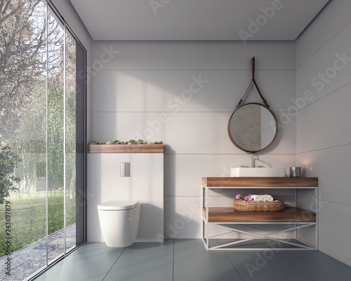 Modern Bathroom Design With Look On Green Foliage Backyard 3d Modern Bathroom Design With Look On Green Foliage Backyard 3d Rendering