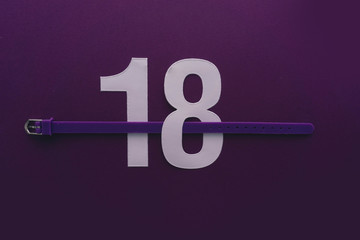 18 number eighteen, graphic white digit and creative typography with belt, happy birthday