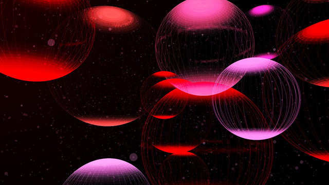 Flying panoramic spheres in outer space. Abstract background with 3d dynamic spheres. Graphic concept for your design. 3D rendering