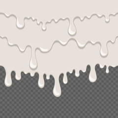 White sticky liquid seamless element. Realistic dripping slime isolated object. Background with white yogurt. Popular kids sensory game. Dairy flowing repeatable vector illustration. White paint drops