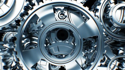 Flying Through the Turning Metal Gears Construction Seamless. Beautiful Looped 3d Animation. Abstract Working Process. Teamwork Business and Technology Concept. 4k Ultra HD 3840x2160.