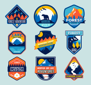 Set of isolated badges with mountain peaks and forest camp. Forest camp labels in vintage style. Mountain tourism, hiking. 