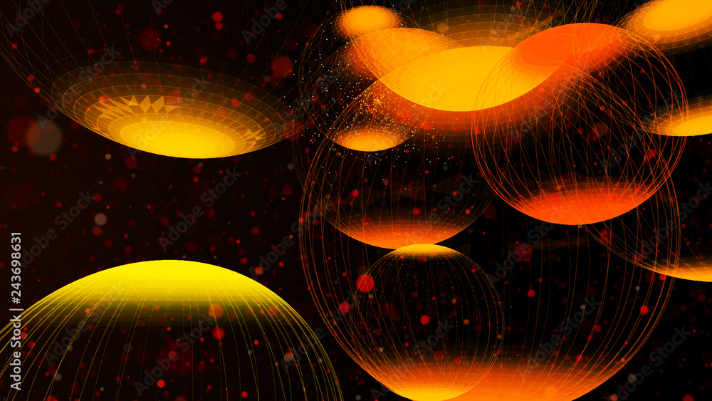 Poster flying panoramic spheres in outer space. abstract background with 3d dynamic spheres. graphic concep