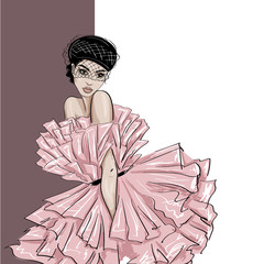 tender woman in beret with voile an puffy dress