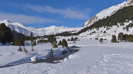 Fototapeta na wymiar Ruscello che scorre in montagna, in inverno, con molta neve