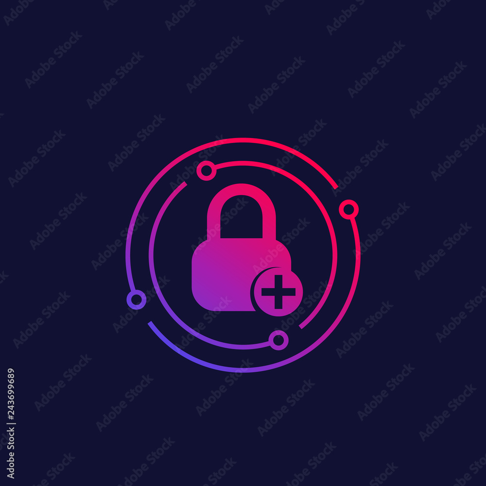 Poster lock with add sign, security, data protection vector icon