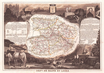 1852, Levasseur Map of the Department De Maine et Loire, France