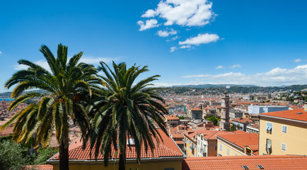 Fototapeta na wymiar View of palm trees and Rooftops of old town Nice in the south of France