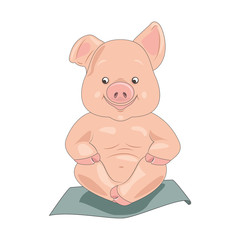 Obraz na płótnie Canvas Cute cartoon pig sitting in the lotus position. Lucky pig doing yoga. Pig meditating in lotus pose. Vector illustration.