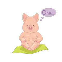 Cute cartoon pig sitting in the lotus position. Lucky pig doing yoga. Pig meditating in lotus pose. Vector illustration.