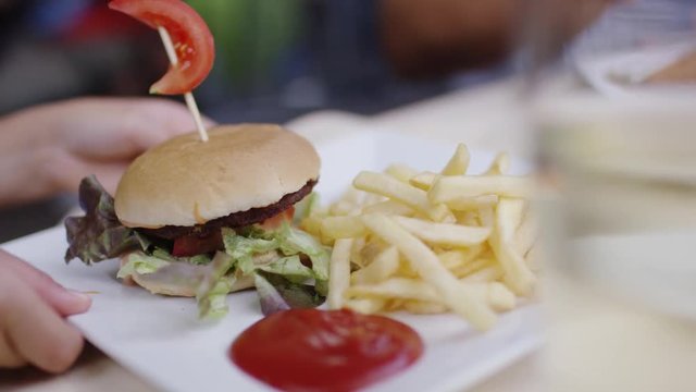 Burger is served with french fries on white plate - Burger wird mit Pommes Frittes auf wei&szlig;em Teller serviert 