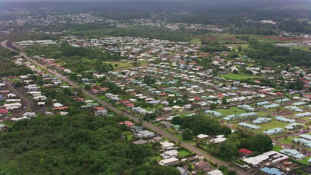 Big Island, Hawaii circa-2018.  Aerial view of Hilo, Hawaii.  Shot with Cineflex and RED Epic-W Helium. 