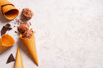 Background with balls of chocolate ice cream