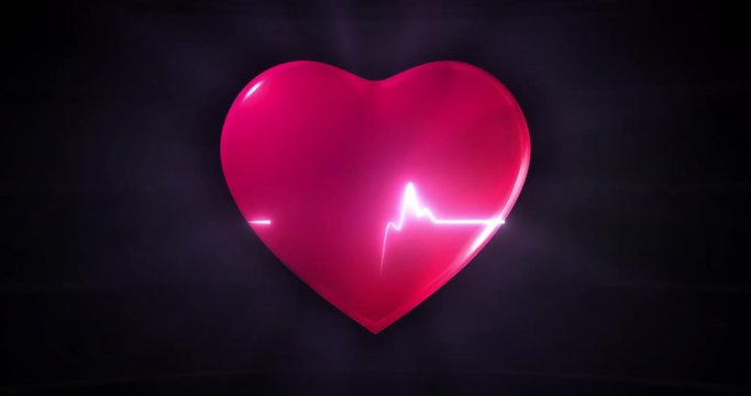 sequence of beating red heart with pulse line on black, medical care and health 4k seamless loop animation 