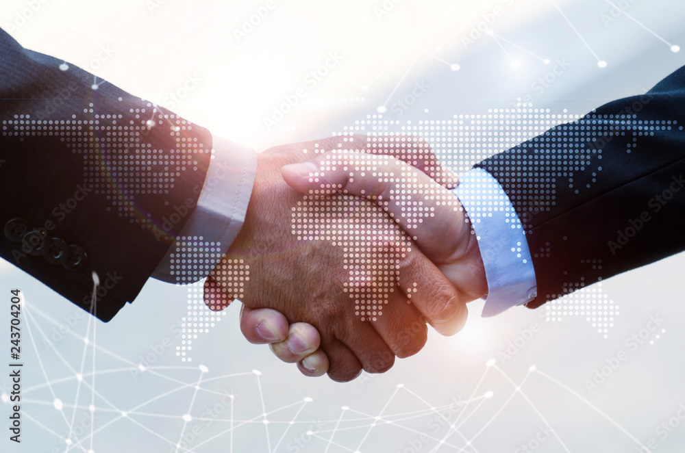 Canvas Prints business people handshaking on abstract city background with global world map and network link conne