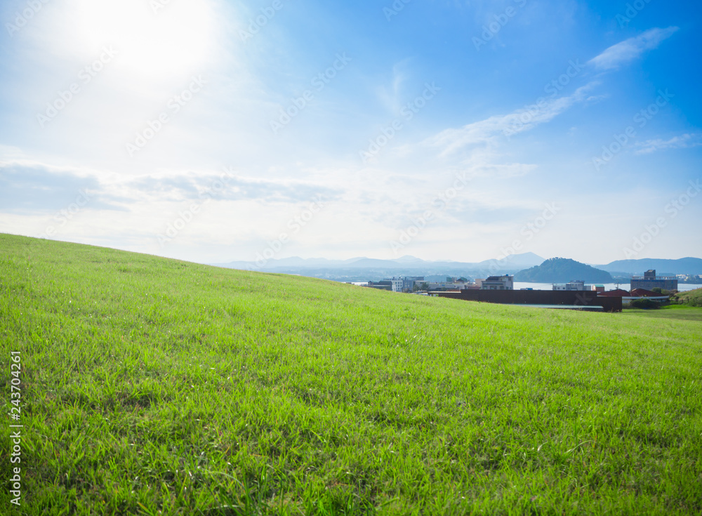 Wall mural green grass fields on the hills overlooking the sea, mountains and beautiful sky