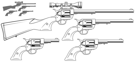 Graphic black and white detailed old revolver with optical sight. Isolated on white background. Vector icon set.