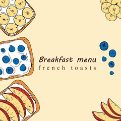 Hand drawn illustration of breakfast menu in cartoon style. Perfect for menu, card, textile design