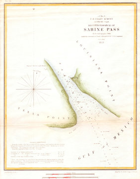 1853, U.S.C.S. Map of Sabine Pass, Texas and Louisiana