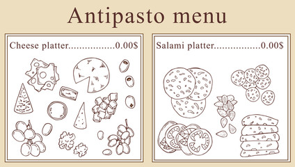 Antipasto menu design. Vector cartoon illustration. Perfect for menu design.
