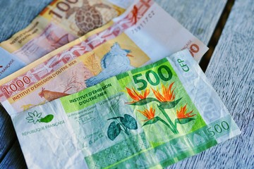 View of a money bill denominated in CFP francs (XPF), the currency used in the French overseas...
