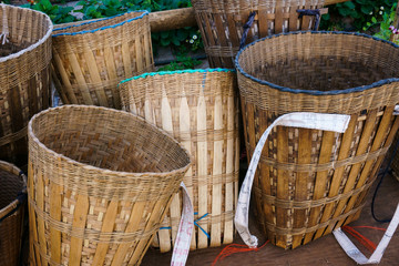 Bamboo basket of hill tribe,Woven bamboo basket bag with rope, tribal handmade