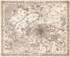 Fototapeta na wymiar 1855, Colton Map or City Plan of Paris, France