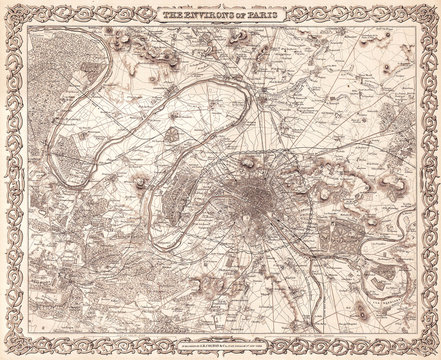 1855, Colton Map or City Plan of Paris, France