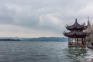 Beautiful chinese traditional pavilion in the West Lake, Hangzhou, China