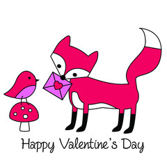 valentines day fox with cute bird on mushroom