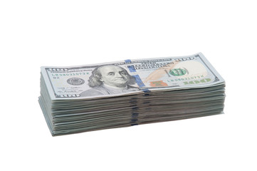 A large pack of one hundred American dollars bills on a white background. Isolated.