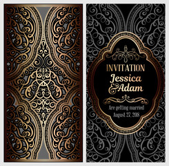 Black and gold luxury wedding invitation card with golden shiny eastern and baroque rich foliage. Ornate islamic background for your design. Islam, Arabic, Indian, Dubai.
