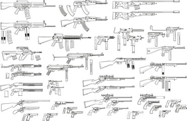 Fototapeta Graphic black and white detailed silhouette pistols, guns, rifles, submachines, revolvers and shotguns. Isolated on white background. Vector weapon and firearm icons set. obraz