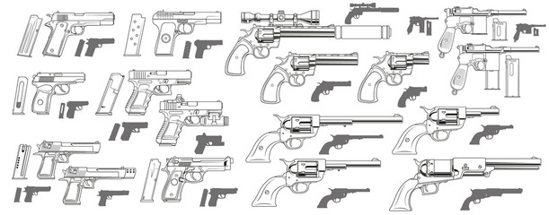 Graphic black and white detailed modern and retro pistols and revolvers with ammo clip. Isolated on white background. Vector icon set.