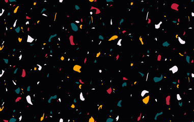 Terrazzo pattern design with natural stone, granite, glass, quartz, concrete. Marble texture in cool colors with dark background.