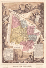 Fototapeta na wymiar 1861, Levasseur Map of the Department de la Gironde, Bordeaux Wine Region