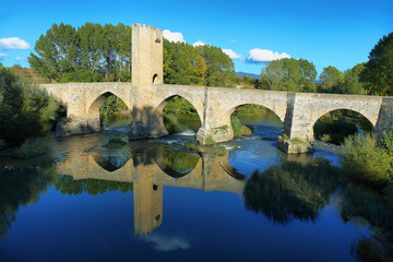 Medieval bridge over Ebro river in Frias, Burgos, Spain.