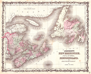 1862, Johnson Map of New Brunswick, Nova Scotia and Newfoundland, Canada