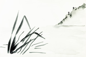 shore with mountain slope is hand drawn on paper